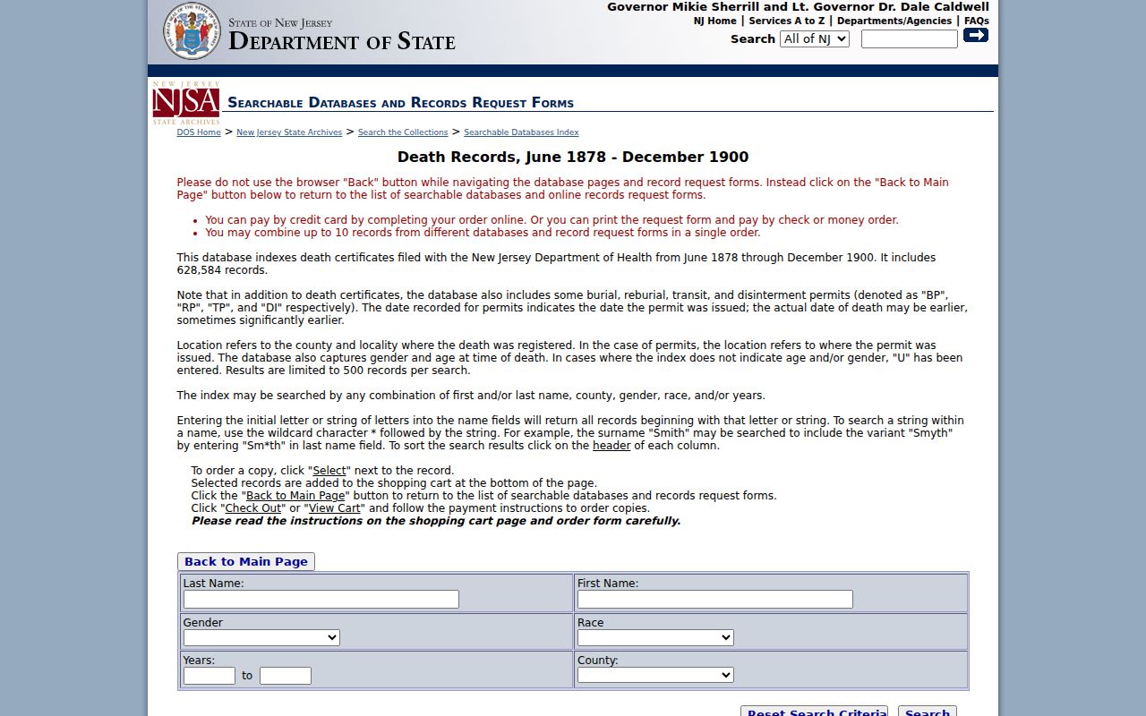 West Milford city directory companion search in the New Jersey Archives death index